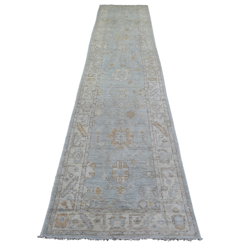 Silver Blue Angora Ushak Natural Dyes, Flowing And Open Design Serrated Leaf Border Afghan Wool Hand Knotted Runner Oriental Rug