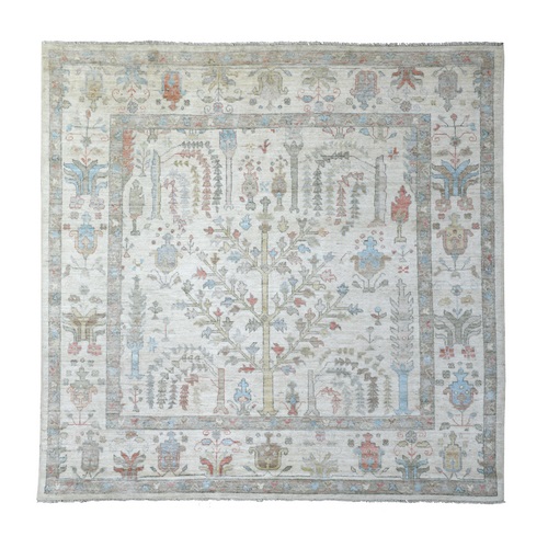 Ivory Angora Oushak Willow and Cypress Tree Squarish Design Natural Dyes, Afghan Wool Hand Knotted Oriental Rug


