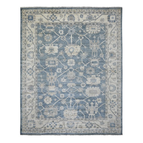 Silver Blue Afghan Wool Angora Oushak With Colorful Leaf Design Natural Dyes, Hand Knotted Oriental Rug