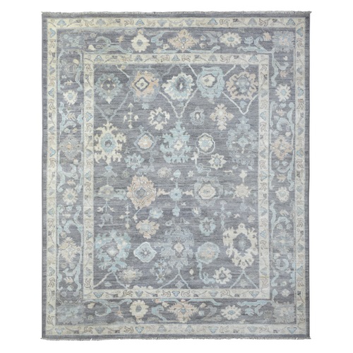 Pewter Gray Angora Oushak With Colorful Leaf Design Natural Dyes, Afghan Wool Hand Knotted Oriental Rug
