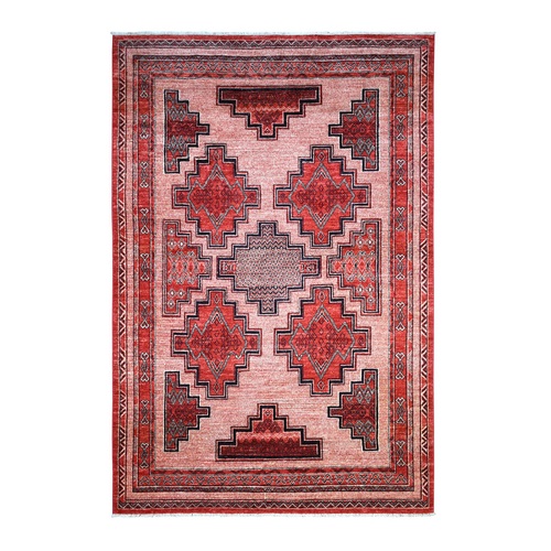Red Peshawar with Intricate Geometric Motifs , Pop Of Color Pure Wool Hand Knotted Oriental Rug