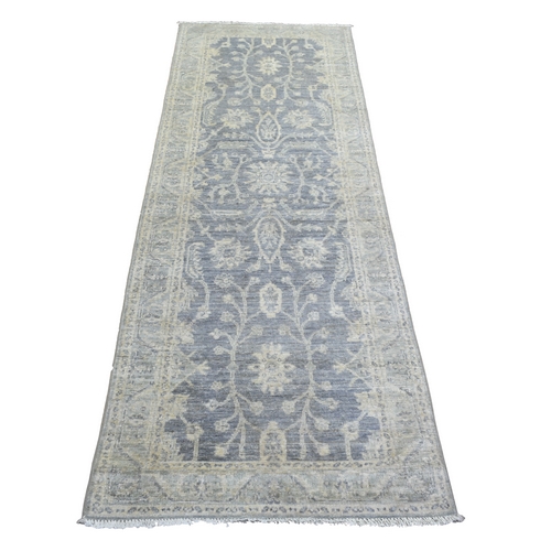Gray Hand Knotted Organic Wool Natural Dyes Stone Wash Peshawar Runner Oriental Rug