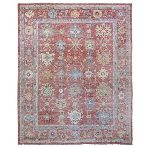 Coral Red Natural Dyes Angora Oushak With Colorful Leaf Design, Afghan Wool Hand Knotted Oversized Oriental Rug