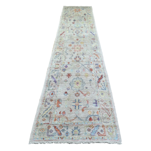 Cream Angora Oushak With Colorful Leaf Design Natural Dyes, Afghan Wool Hand Knotted Runner Oriental Rug