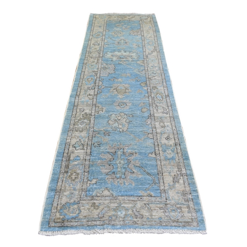Light Blue Hand Knotted Angora Oushak With Colorful Leaf Design Natural Dyes, Afghan Wool Oriental Runner Rug