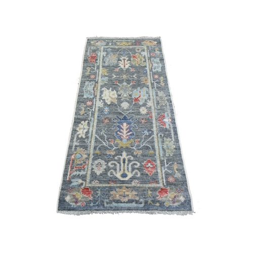 Charcoal Gray Angora Oushak Bold Colors With Leaf Design Natural Dyes, Afghan Wool Hand Knotted Runner Oriental Rug