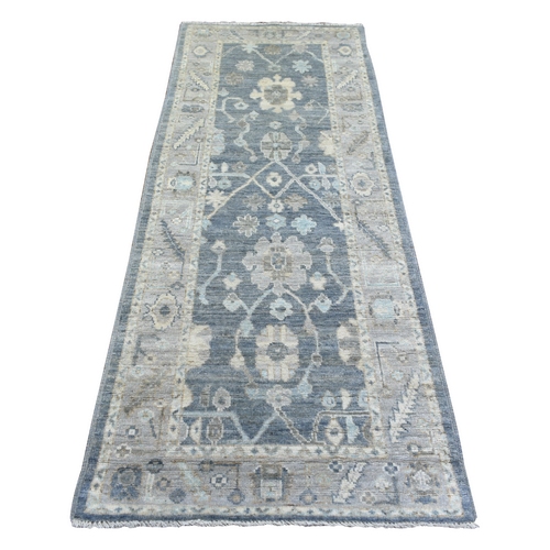 Charcoal Gray Afghan Wool Hand Knotted Angora Oushak Leaf Design Natural Dyes Runner Oriental Rug