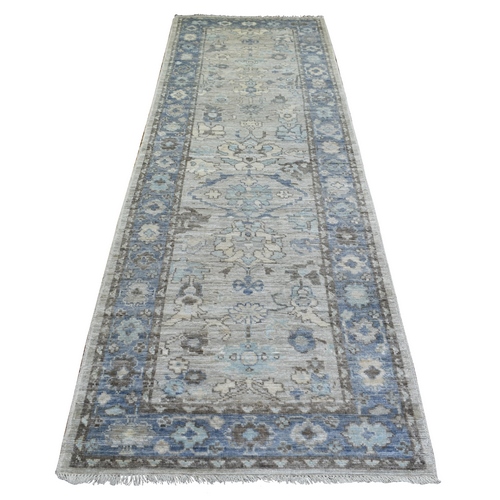 Cream Angora Oushak Soft Colors With Leaf Design Natural Dyes, Afghan Wool Hand Knotted Runner Oriental Rug