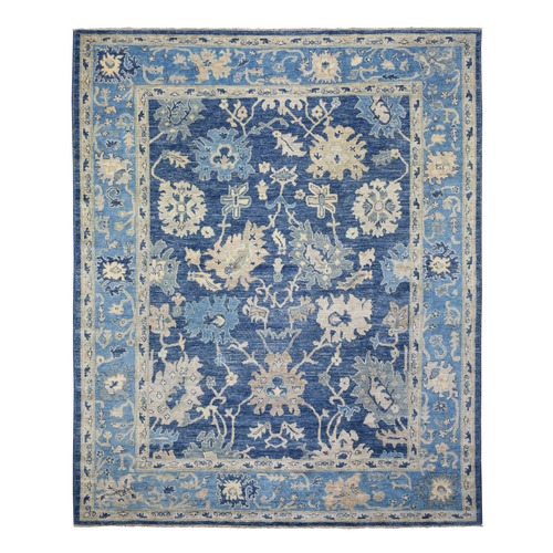 Navy Blue Natural Dyes Angora Oushak Large Leaf Design, Afghan Wool Hand Knotted Oriental Rug