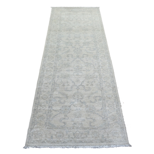 Ivory Pure Wool Natural Dyes Hand Knotted, Stone Wash Peshawar Runner Oriental Rug

