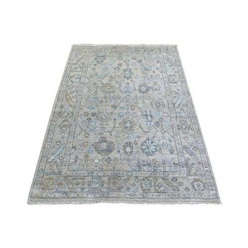 Light Gray Hand Knotted Angora Oushak With Colorful Leaf Design , Afghan Wool Natural Dyes Oriental Rug 