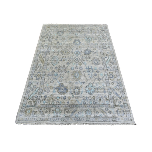 4'x5'10" Light Gray Angora Oushak With Colorful Leaf Design Natural Dyes, Afghan Wool Hand Knotted Oriental 