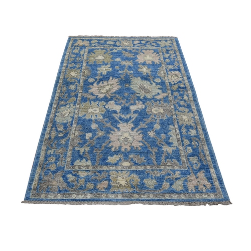 Denim Blue Angora Oushak Bold Colors With Leaf Design Natural Dyes, Afghan Wool Hand Knotted Oriental 