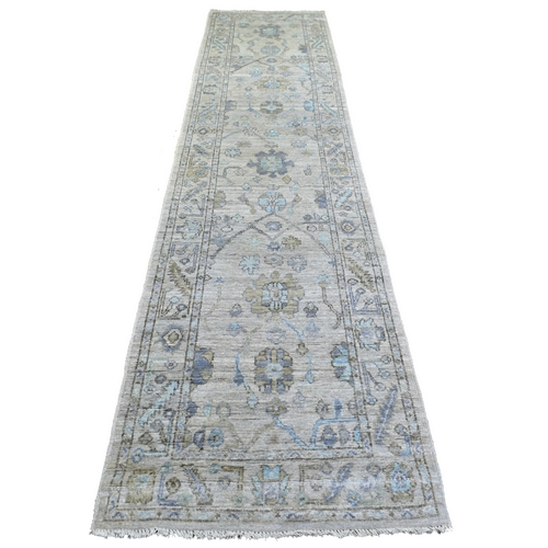 Gray Natural Dyes, Afghan Wool Hand Knotted Angora Oushak With Colorful Leaf Design Runner Oriental Rug