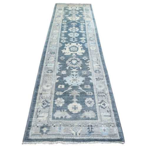 Charcoal Gray Angora Oushak With Colorful Leaf Design Natural Dyes, Afghan Wool Hand Knotted Runner Oriental Rug