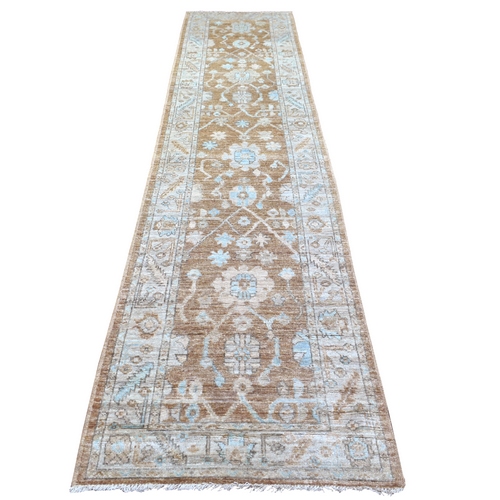 Almond Brown Natural Dyes Angora Oushak All Over Design, Afghan Wool Hand Knotted Runner Oriental Rug
