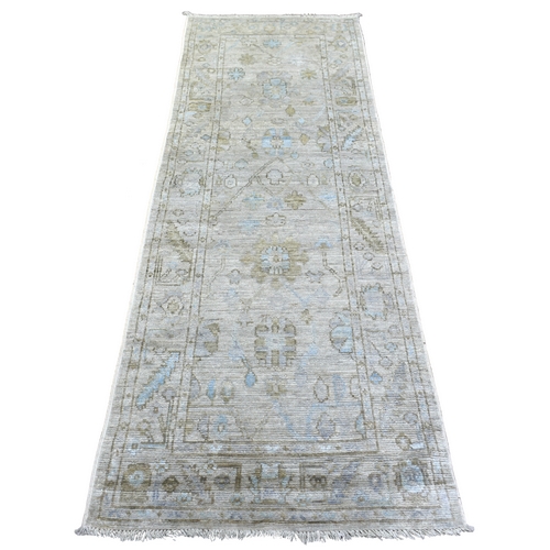 Gray Angora Oushak Soft Colors With Leaf Design Natural Dyes, Afghan Wool Hand Knotted Runner Oriental Rug