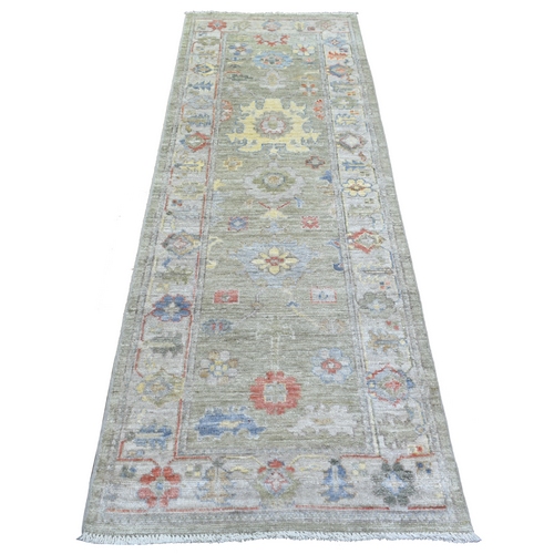 Green Angora Oushak With Colorful Large Leaf Design Natural Dyes, Afghan Wool Hand Knotted Runner Oriental Rug