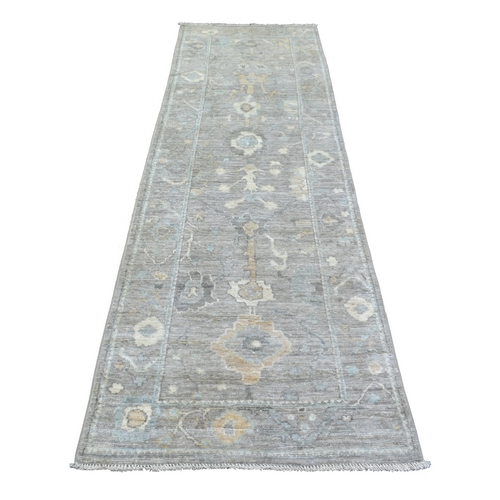 Gray Hand Knotted Angora Oushak With Colorful Large Leaf Design Natural Dyes, Afghan Wool Runner Oriental Rug