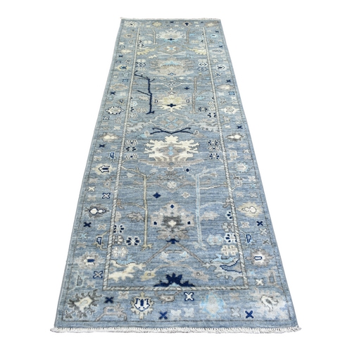 Blue Angora Ushak Natural Dyes, Flowing And Open Design, Afghan Wool Hand Knotted Runner Oriental 