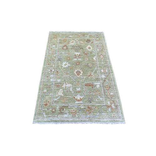 Green Angora Oushak With Colorful Leaf Design Natural Dyes, Afghan Wool Hand Knotted Oriental Rug
