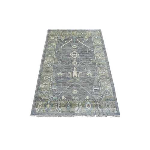 Gray Angora Oushak Afghan Wool Bold Color Leaf Design Natural Dyes, Hand Knotted Oriental Rug