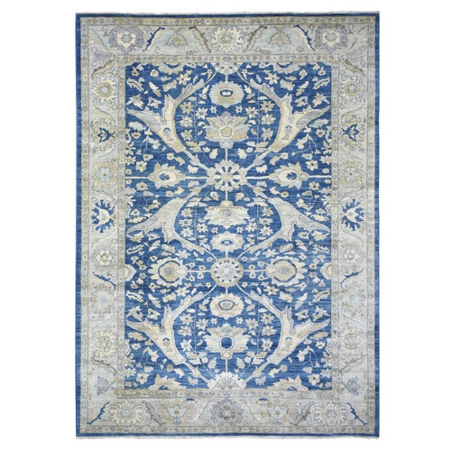Denim Blue, Soft Wool Hand Knotted, Fine Peshawar with All Over Flower Design Densely Woven, Oriental Rug