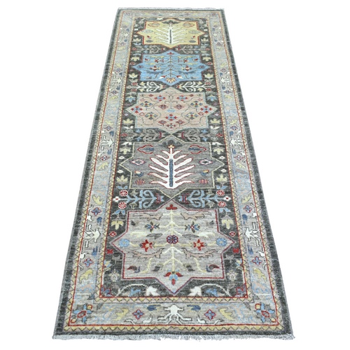 Stone Gray, Hand Knotted Fine Peshawar with Large Tribal Medallions, Densely Woven Extra Soft Wool, Runner Oriental Rug
