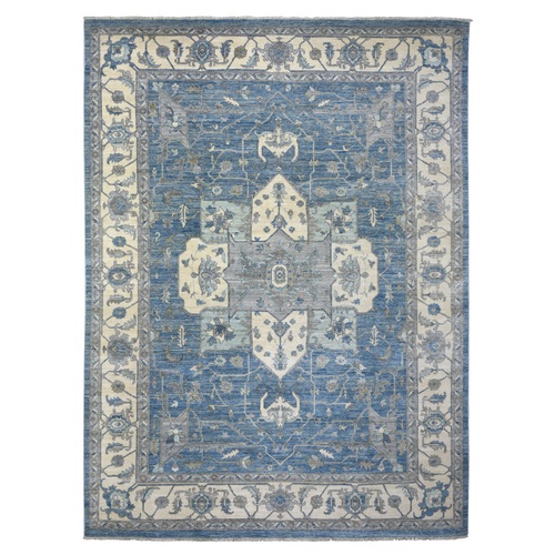 Denim Blue, Organic Wool Hand Knotted, Fine Peshawar with Large Medallions Design Densely Woven, Oriental Rug