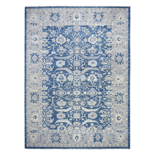 Denim Blue, Afghan Wool Hand Knotted, Fine Peshawar with All Over Flower Design Densely Woven, Oriental Rug