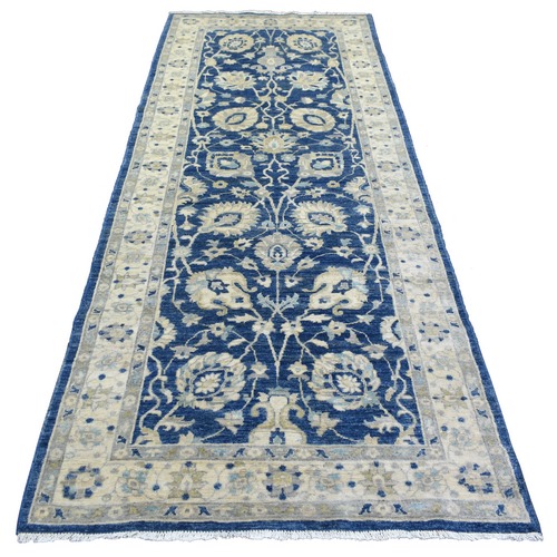 Denim Blue, Hand Knotted Fine Peshawar with Floral Motifs, Densely Woven Organic Wool, Wide Runner Oriental Rug