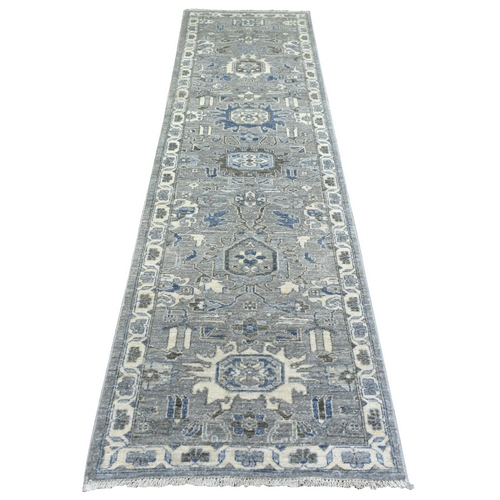Light Gray, Pure Wool Hand Knotted, Fine Peshawar with Tribal Medallions Design Densely Woven, Runner Oriental Rug