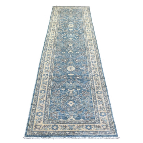 Light Blue, Fine Peshawar with All Over Design Densely Woven, Soft Wool Hand Knotted, Runner Oriental Rug