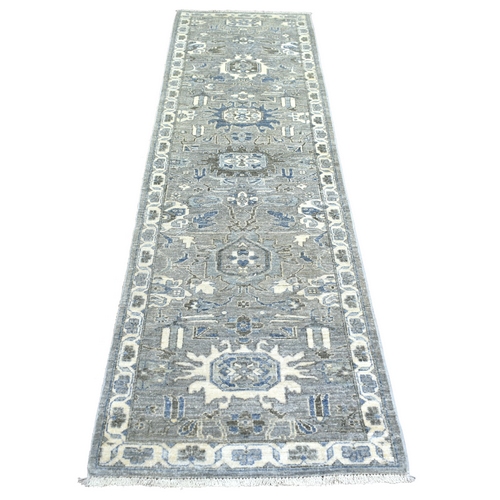 Light Gray, Fine Peshawar with Karajeh Design, Densely Woven Afghan Wool Hand Knotted, Runner Oriental 