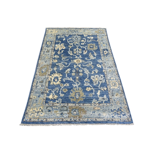 Denim Blue Angora Oushak With Colorful Leaf Design Natural Dyes, Afghan Wool Hand Knotted Oriental Rug

