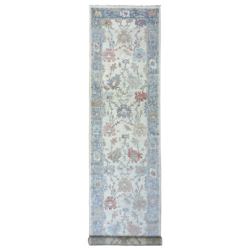 Ivory Angora Oushak With Colorful Leaf Design Natural Dyes, Afghan Wool Hand Knotted Runner Oriental Rug