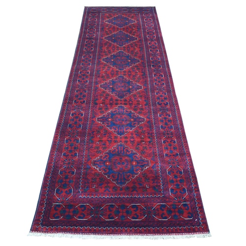 Deep and Saturated Red, Soft Wool Hand Knotted, Afghan Khamyab with Large Geometric Medallions Design, Wide Runner Oriental Rug