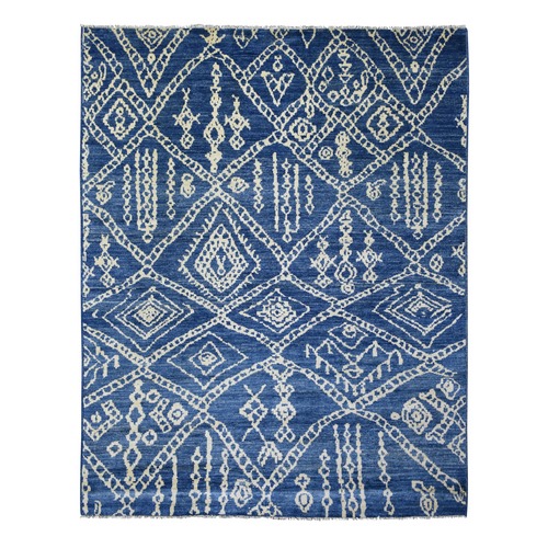 Navy Blue Soft and Shiny Wool, Moroccan Berber with Criss Cross Pattern, Natural Dyes Hand Knotted Oriental 