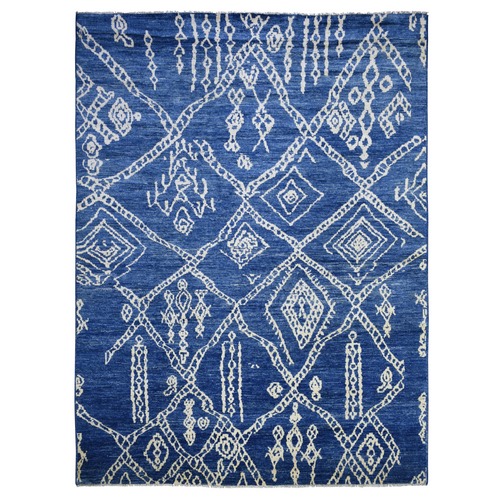 Navy Blue, Hand Knotted, Soft and Shiny Wool, Natural Dyes, Moroccan Berber with Criss Cross Pattern Oriental Rug