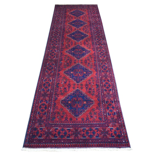 Deep and Saturated Red, Hand Knotted Afghan Khamyab with Large Geometric Medallions Design, Soft and Velvety Wool, Runner Oriental Rug