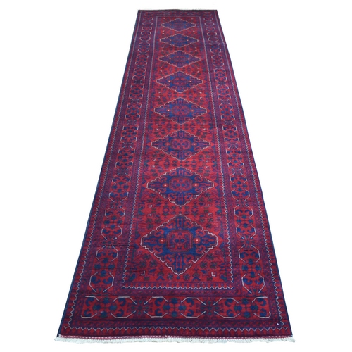 Deep and Saturated Red, Afghan Khamyab with Geometric Medallions Design, Soft and Shiny Wool Hand Knotted, Runner Oriental Rug