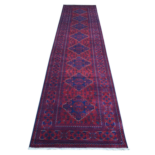 Deep and Saturated Red, Hand Knotted Afghan Khamyab with Geometric Medallions Design, Soft Wool, Runner Oriental Rug