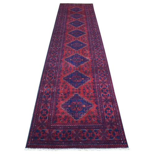 Deep and Saturated Red, Shiny Wool Hand Knotted, Afghan Khamyab with Geometric Medallions Design, Runner Oriental Rug