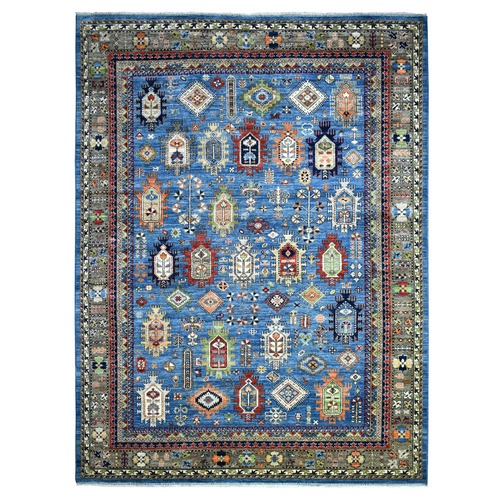 Blue, Hand Knotted Afghan Ersari with Large Elements, Vegetable Dyes Dense Weave Pure Wool, Oriental Rug