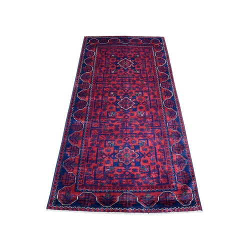 Deep and Saturated Red, Hand Knotted Afghan Khamyab with Geometric Design Soft and Shiny Wool, Wide Runner Oriental Rug