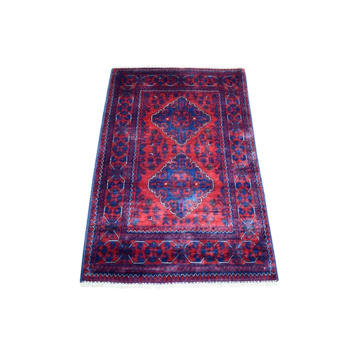 Deep and Saturated Red, Pure Wool Hand Knotted, Afghan Khamyab with Geometric Design, Oriental Rug