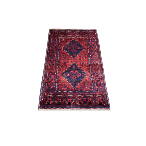 Deep and Saturated Red, Hand Knotted Afghan Khamyab with Double Geometric Medallions Design Shiny Wool, Oriental Rug