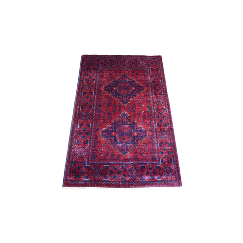 Deep and Saturated Red, Afghan Khamyab with Double Geometric Medallions Design, Soft and Shiny Wool Hand Knotted, Oriental Rug