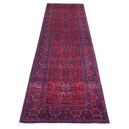 Deep and Saturated Red, Hand Knotted Afghan Khamyab with Geometric Design, Velvety Wool, Runner Oriental Rug