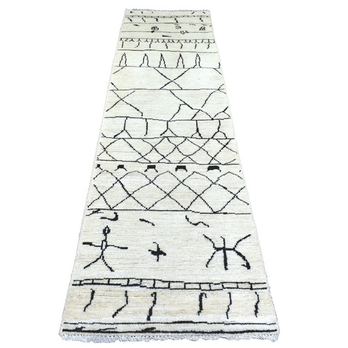Ivory, Hand Knotted Moroccan Berber with Criss Cross Pattern, Soft and Shiny Wool, Natural Dyes, Runner Oriental Rug
